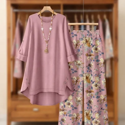Ladies Winter Floral Print Loose Outfit BD - Wide-Leg Pants & Top Set - AmarXpress
