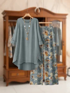 Ladies Winter Floral Print Loose Outfit BD - Wide-Leg Pants & Top Set - AmarXpress