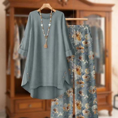 Ladies Winter Floral Print Loose Outfit BD - Wide-Leg Pants & Top Set - AmarXpress