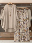 Ladies Winter Floral Print Loose Outfit BD - Wide-Leg Pants & Top Set - AmarXpress