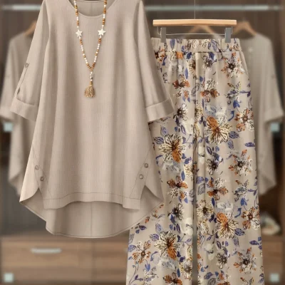 Ladies Winter Floral Print Loose Outfit BD - Wide-Leg Pants & Top Set - AmarXpress