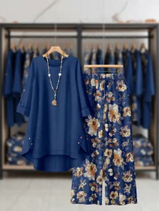 Ladies Winter Floral Print Loose Outfit BD - Wide-Leg Pants & Top Set - AmarXpress