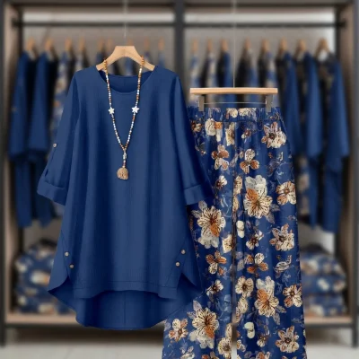 Ladies Winter Floral Print Loose Outfit BD - Wide-Leg Pants & Top Set - AmarXpress