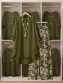 Ladies Winter Floral Print Loose Outfit BD - Wide-Leg Pants & Top Set - AmarXpress
