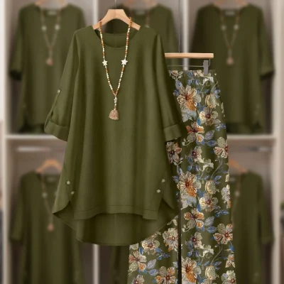 Ladies Winter Floral Print Loose Outfit BD - Wide-Leg Pants & Top Set - AmarXpress