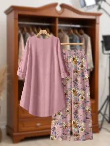 Ladies Winter Floral Print Loose Outfit BD - Wide-Leg Pants & Top Set - AmarXpress