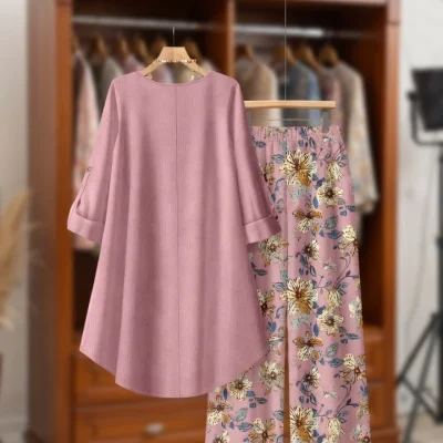 Ladies Winter Floral Print Loose Outfit BD - Wide-Leg Pants & Top Set - AmarXpress