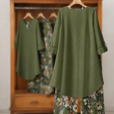 Ladies Winter Floral Print Loose Outfit BD - Wide-Leg Pants & Top Set - AmarXpress