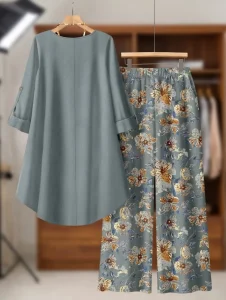 Ladies Winter Floral Print Loose Outfit BD - Wide-Leg Pants & Top Set - AmarXpress