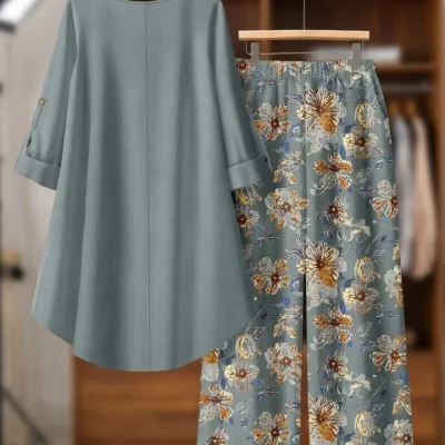 Ladies Winter Floral Print Loose Outfit BD - Wide-Leg Pants & Top Set - AmarXpress