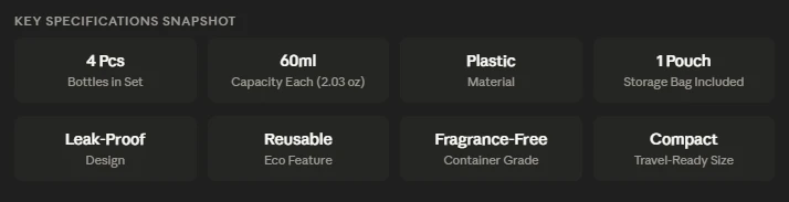 Main Specifications of 4-Pc Travel Bottles Set 60ml – Reusable Leak-Proof + Pouch - Skincare Lotion Set -AmarXpress