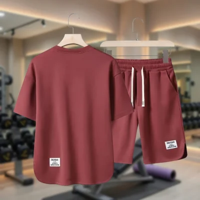 Men Waffle Sports Set BD – Summer Apricot Tee & Shorts - Cool Casual - AmarXpress