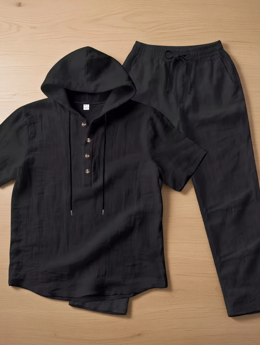 Men Casual Hooded Set - Linen Shirt and Pants - White Shirt and Pants - AmarXpress