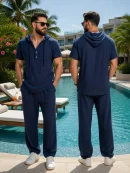 Men Casual Hooded Set - Linen Shirt and Pants - White Shirt and Pants - AmarXpress