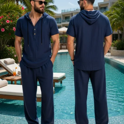 Men Casual Hooded Set - Linen Shirt and Pants - White Shirt and Pants - AmarXpress