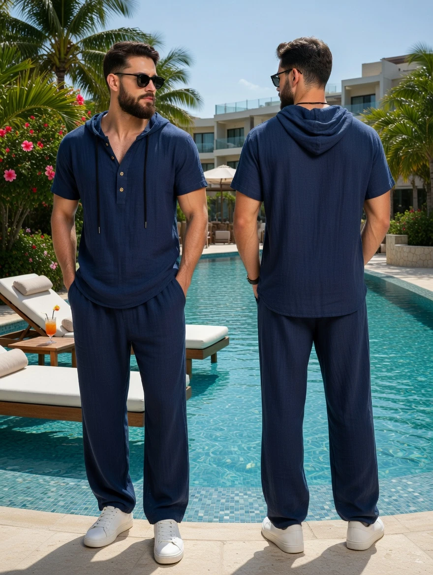 Men Casual Hooded Set - Linen Shirt and Pants - White Shirt and Pants - AmarXpress
