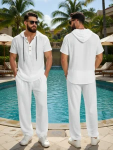 Men Casual Hooded Set - Linen Shirt and Pants - White Shirt and Pants - AmarXpress