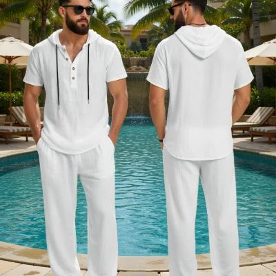 Men Casual Hooded Set - Linen Shirt and Pants - White Shirt and Pants - AmarXpress