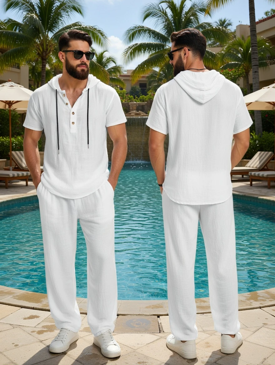 Men Casual Hooded Set - Linen Shirt and Pants - White Shirt and Pants - AmarXpress