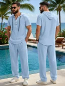 Men Casual Hooded Set - Linen Shirt and Pants - White Shirt and Pants - AmarXpress