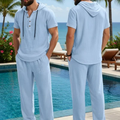 Men Casual Hooded Set - Linen Shirt and Pants - White Shirt and Pants - AmarXpress