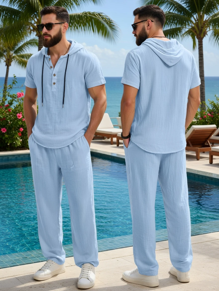 Men Casual Hooded Set - Linen Shirt and Pants - White Shirt and Pants - AmarXpress