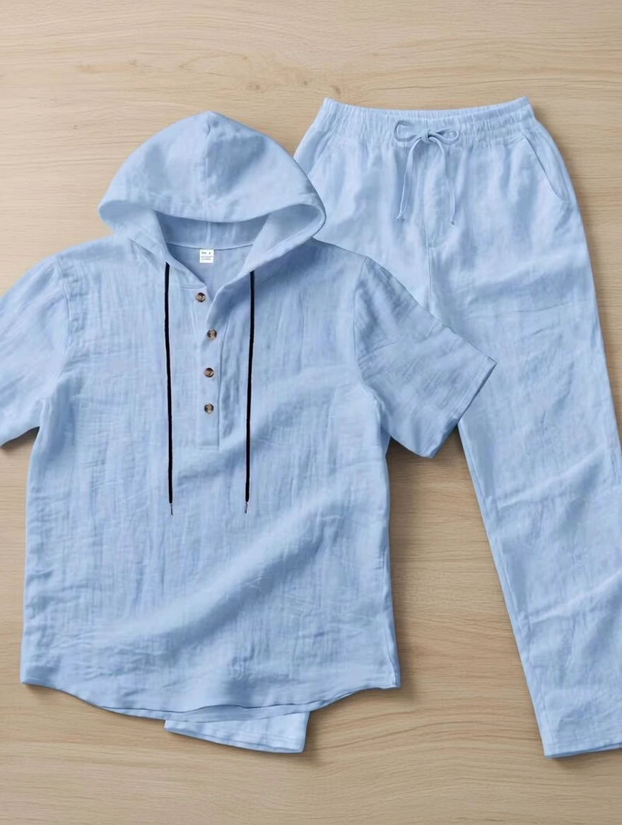 Men Casual Hooded Set - Linen Shirt and Pants - White Shirt and Pants - AmarXpress