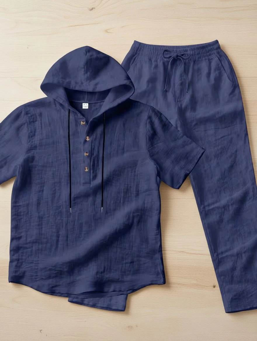 Men Casual Hooded Set - Linen Shirt and Pants - White Shirt and Pants - AmarXpress