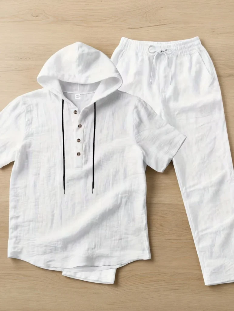Men Casual Hooded Set - Linen Shirt and Pants - White Shirt and Pants - AmarXpress