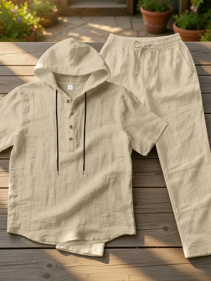 Men Casual Hooded Set - Linen Shirt and Pants - White Shirt and Pants - AmarXpress