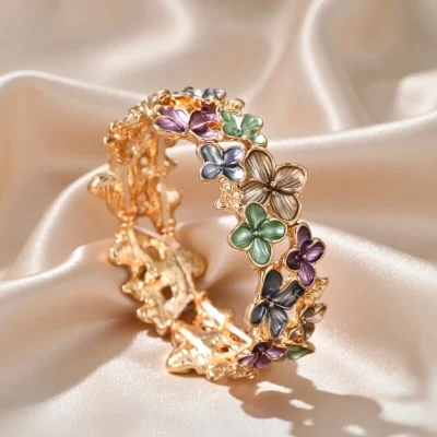Painted Flower Elastic Bracelet BD – Gold Alloy - Elastic Bangle - AmarXpress