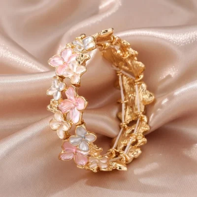 Painted Flower Elastic Bracelet BD – Gold Alloy - Elastic Bangle - AmarXpress