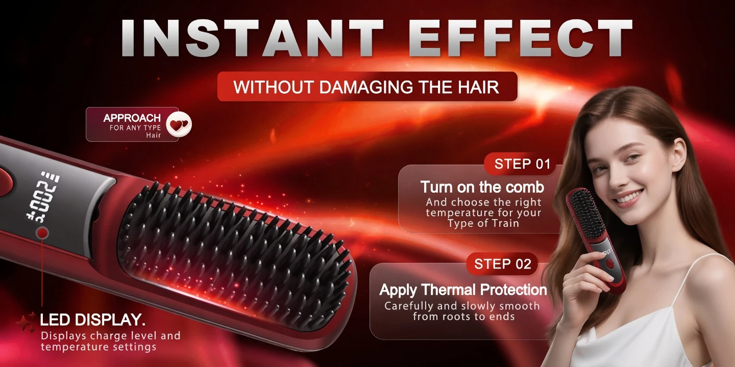 S9 Cordless Hair Straightening Comb BD – 3200mAh – Type‑C USB Recharge – LED Display – Anti‑Scald Teeth – AmarXpress