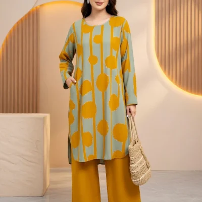 Women's Casual Leaf Print 2-Piece Set – Long Sleeve – Loose Top & Pants – Women Tops Set BD – AmarXpress