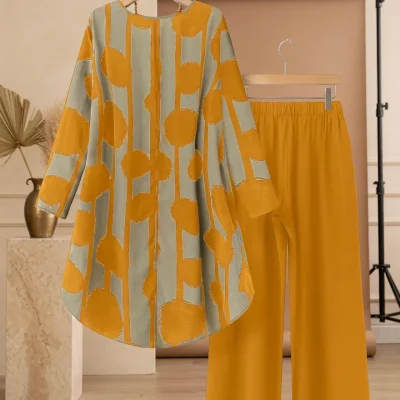 Women's Casual Leaf Print 2-Piece Set – Long Sleeve – Loose Top & Pants – Women Tops Set BD – AmarXpress