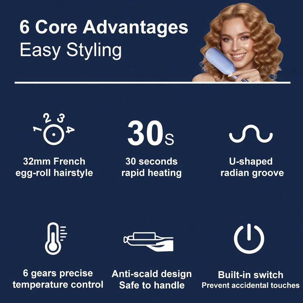 Women's Pro 32mm Hair Curling Waver BD - Safe 6-Temp - 30s Heat Iron - AmarXpress