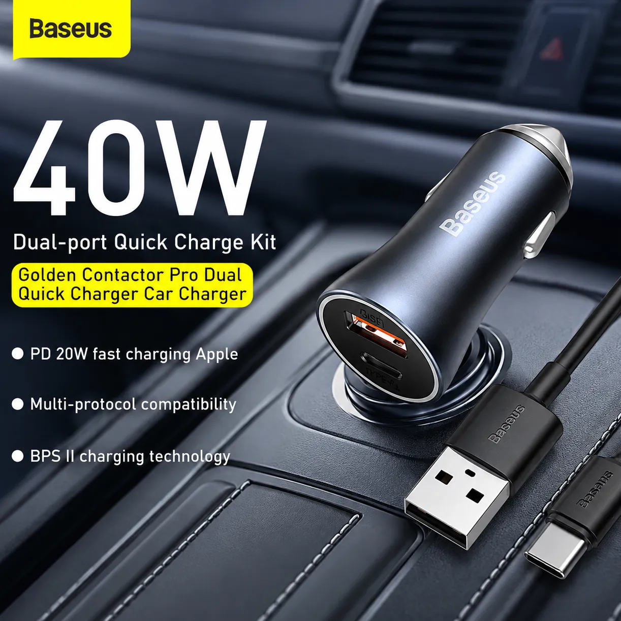Baseus Golden Contactor Pro 40W Car Charger with USB-A to USB-C Cable Bangladesh